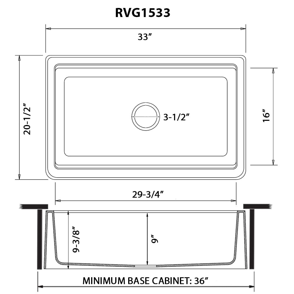 Ruvati epiCast 33" Workstation Composite Granite Kitchen Sink RVG1533BK dimensions and specifications diagram.