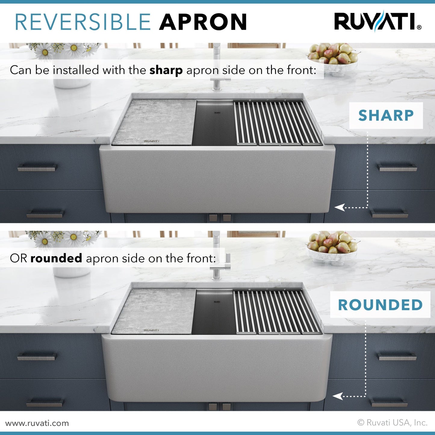 Ruvati epiCast 33" Workstation Composite Granite Kitchen Sink RVG1533GR shown with reversible apron options.