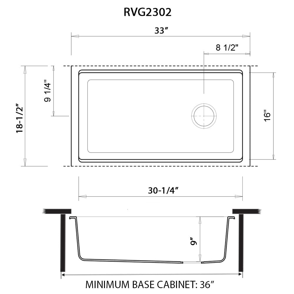 Ruvati epiStage 33" Workstation Granite Kitchen Sink RVG2302ES dimensions diagram with measurements.
