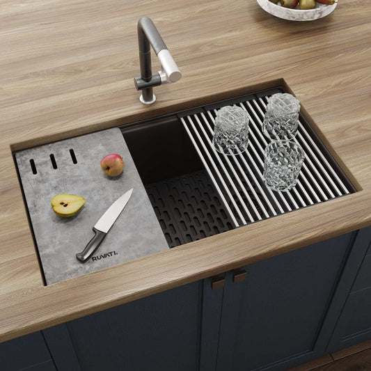 Ruvati epiStage 33" Workstation Granite Kitchen Sink RVG2302ES with cutting board and drying rack.