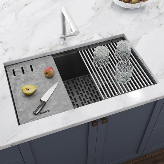 Ruvati epiStage 33" Workstation Granite Kitchen Sink RVG2302UG with built-in ledges and kitchen accessories