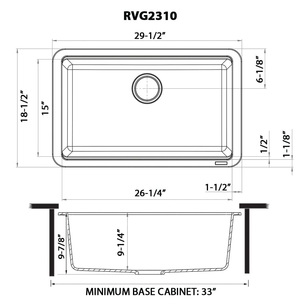 Ruvati epiStage 30" Workstation Granite Kitchen Sink RVG2310BK dimensions diagram with detailed measurements.