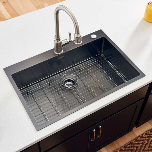 Ruvati Terraza 33" Drop-in Stainless Steel Kitchen Sink RVH5005BL with modern faucet and sink grid.