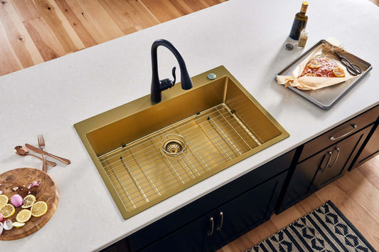 Ruvati Terraza 33" Drop-in Stainless Steel Kitchen Sink RVH5005GG featuring a matte gold finish and modern kitchen decor.