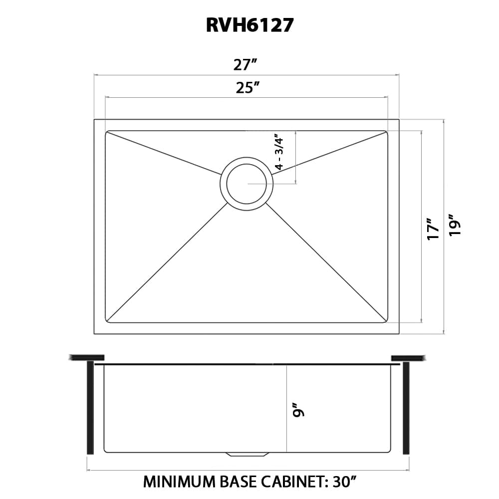 Ruvati Terraza 27" Stainless Steel Kitchen Sink RVH6127GG dimensions diagram with measurements.