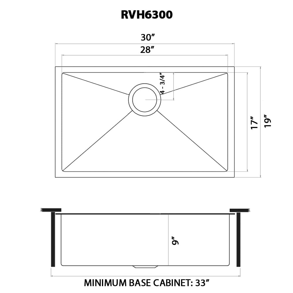 Ruvati Terraza 30" Stainless Steel Kitchen Sink RVH6300BL dimensions diagram showing 30" x 28" x 9" measurements.