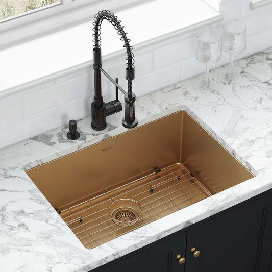Ruvati Terraza 33" Stainless Steel Kitchen Sink RVH6433GG with matte gold finish and modern faucet in a luxurious kitchen setting.