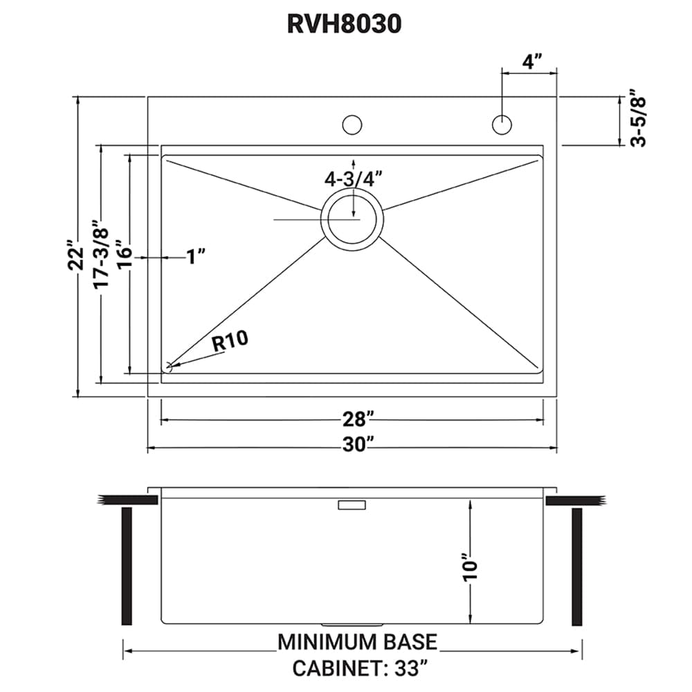 Ruvati Siena 30" Workstation Drop-in Stainless Steel Kitchen Sink RVH8030 dimensions diagram with detailed measurements.