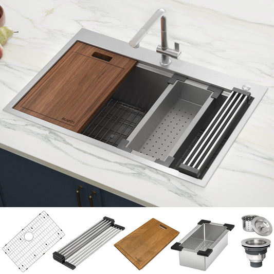 Ruvati Siena 30" Workstation Drop-in Stainless Steel Kitchen Sink RVH8030 with accessories and cutting board.