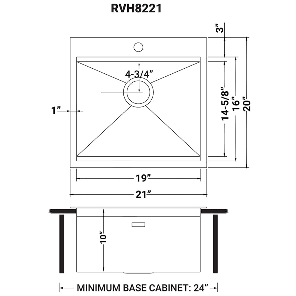 Ruvati Siena 21" RV Workstation Drop-in Stainless Steel Kitchen Sink RVH8221 dimensions diagram.