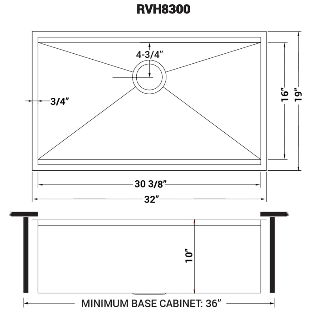 Ruvati Roma 32" Workstation Ledge Stainless Steel Kitchen Sink RVH8300 dimensions and specifications diagram