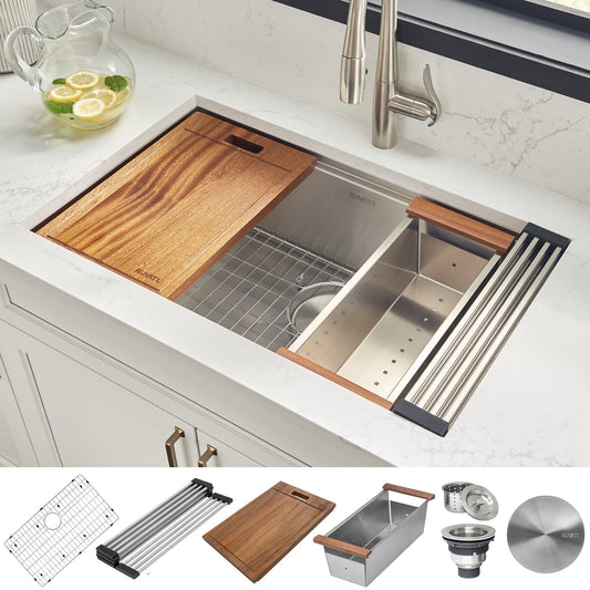 Ruvati Roma 32" Workstation Ledge Stainless Steel Kitchen Sink RVH8300 with bamboo cutting board and accessories.