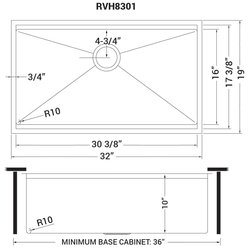Ruvati Roma Pro 32" Workstation Ledge Stainless Steel Kitchen Sink RVH8301 dimensions and specifications diagram.