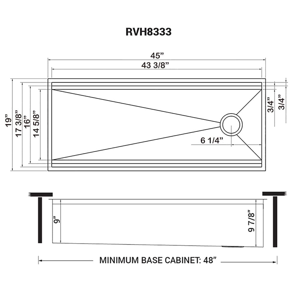 Dimensions of the Ruvati 45" Workstation Dual Tiered Ledge Kitchen Sink Stainless Steel RVH8333.