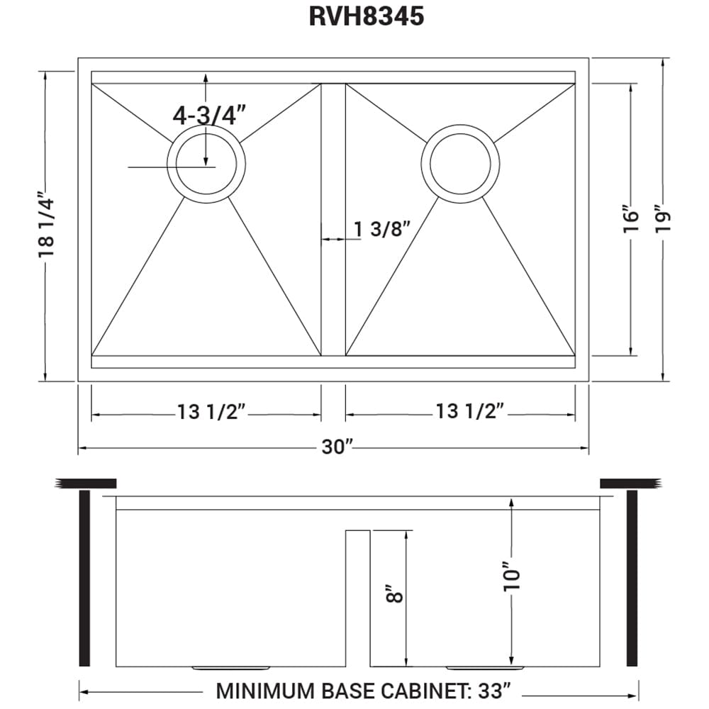 Ruvati Roma 30" Workstation Ledge Stainless Steel Kitchen Sink RVH8345 dimensions diagram with detailed measurements.