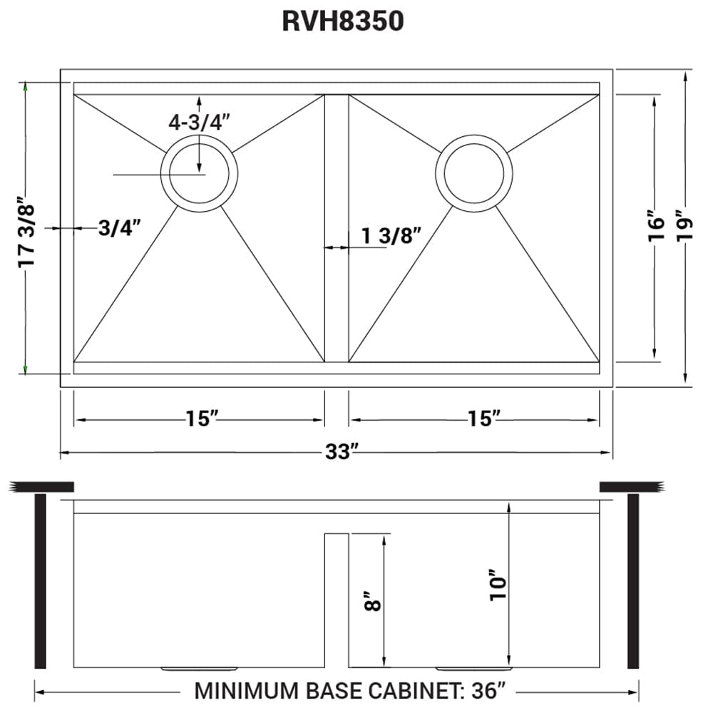 Ruvati Roma 33" Workstation Ledge Stainless Steel Kitchen Sink RVH8350 dimensions diagram with detailed measurements.