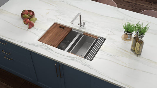 Ruvati Roma Pro 33" Workstation Ledge Stainless Steel Kitchen Sink RVH8351 with integrated accessories and modern countertop.