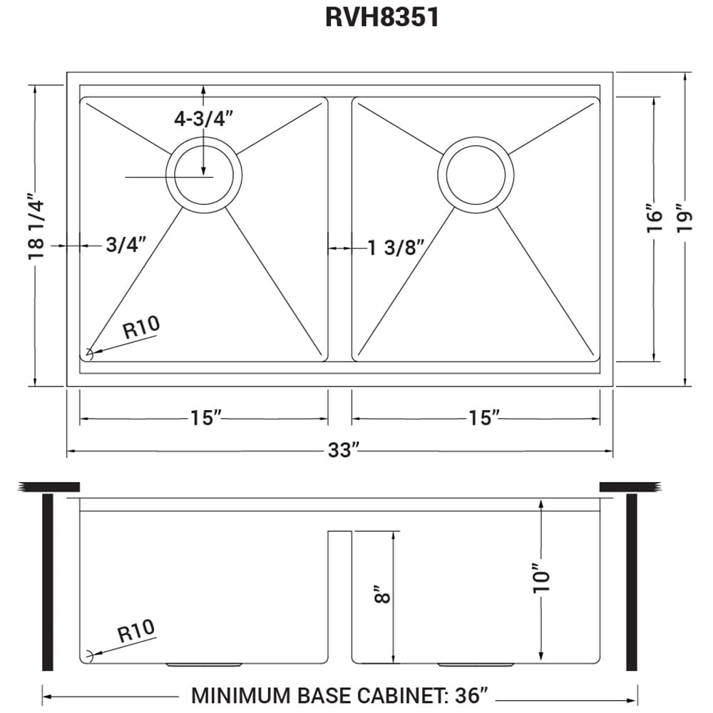 Ruvati Roma Pro 33" Workstation Ledge Stainless Steel Kitchen Sink RVH8351 dimensions and specifications diagram.