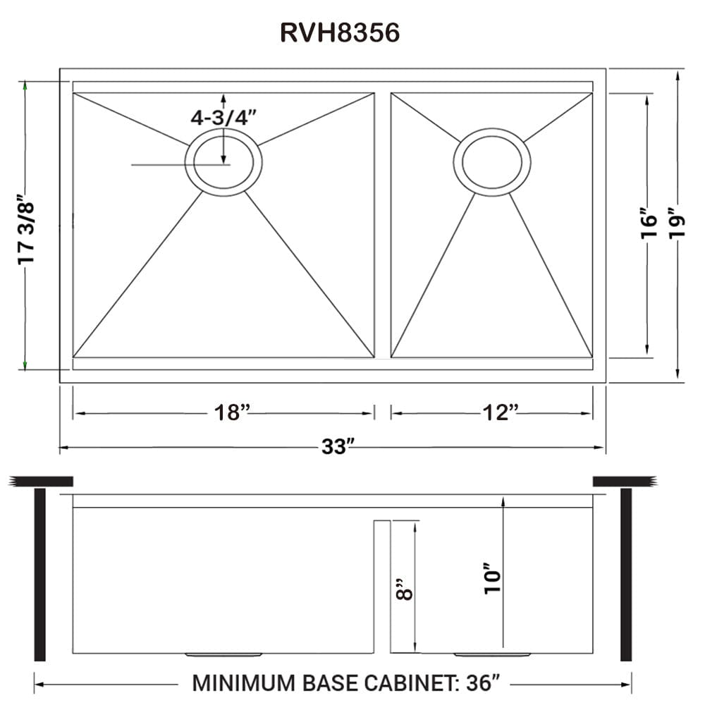 Ruvati Roma 33" Workstation Ledge Stainless Steel Kitchen Sink RVH8356 dimensions and specifications diagram.