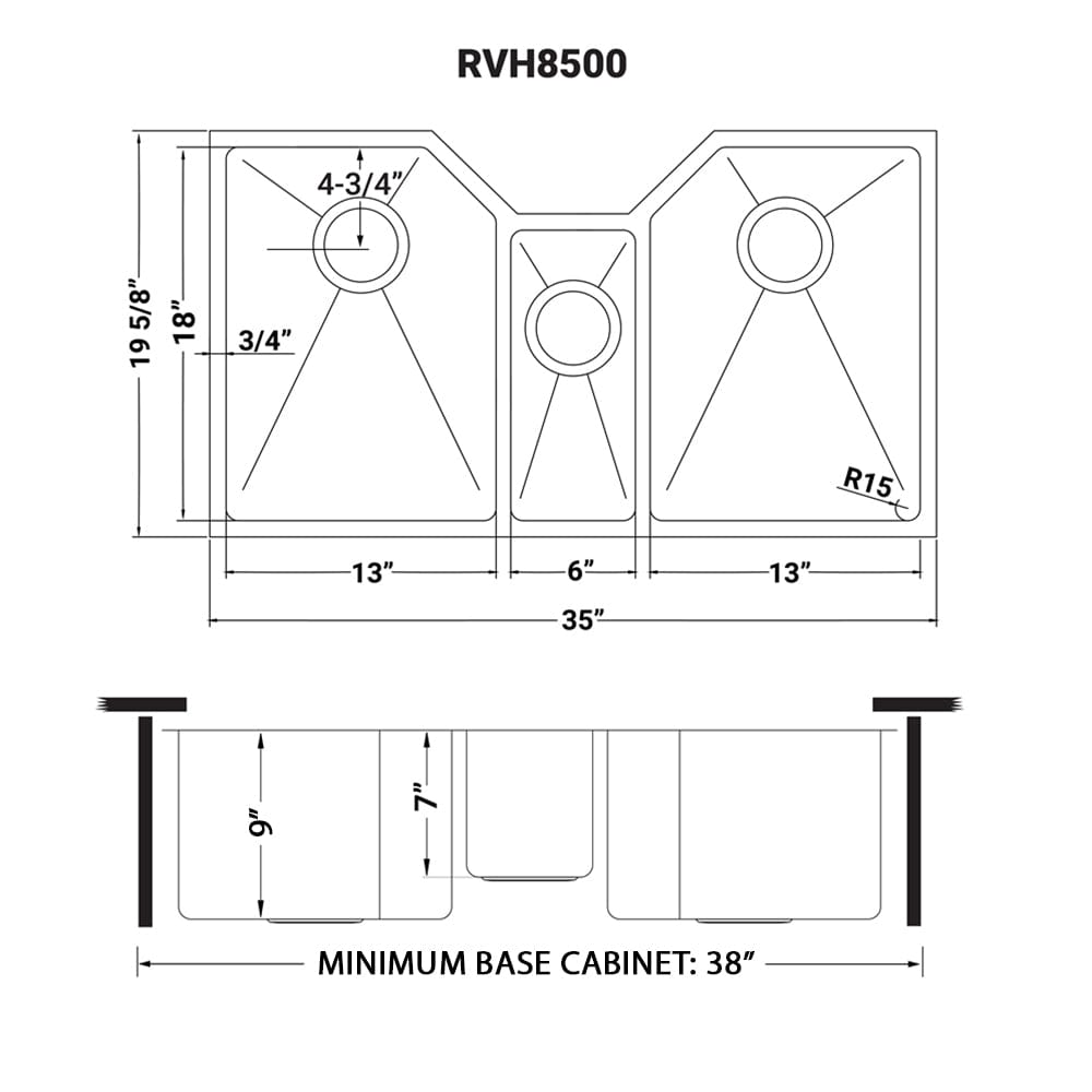 Ruvati Gravena 35" Stainless Steel Kitchen Sink RVH8500 technical drawing and dimensions