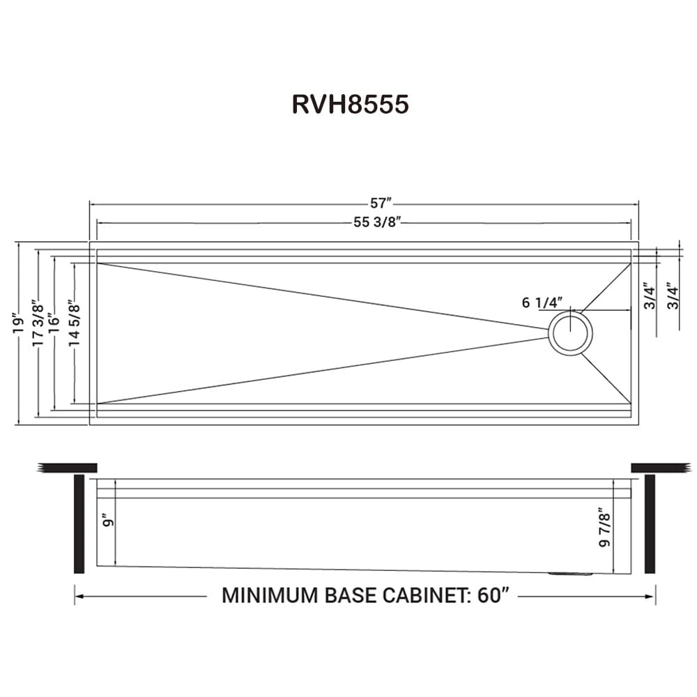Ruvati 57" Workstation Dual Tiered Ledge Kitchen Sink Stainless Steel RVH8555 dimensions and specifications drawing.
