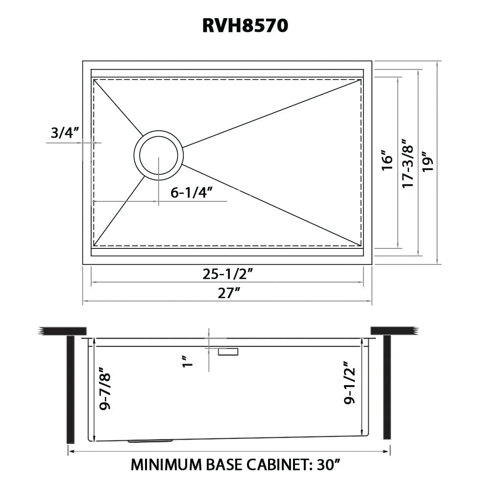 Ruvati Veniso 27" Workstation Slope Bottom Stainless Steel Kitchen Sink RVH8570 dimensions diagram