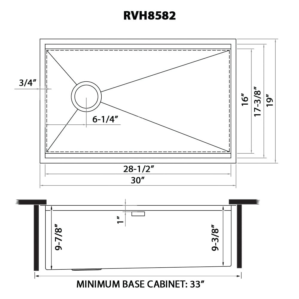 Ruvati Veniso 30" Workstation Slope Bottom Stainless Steel Kitchen Sink RVH8582 dimensions and specifications.