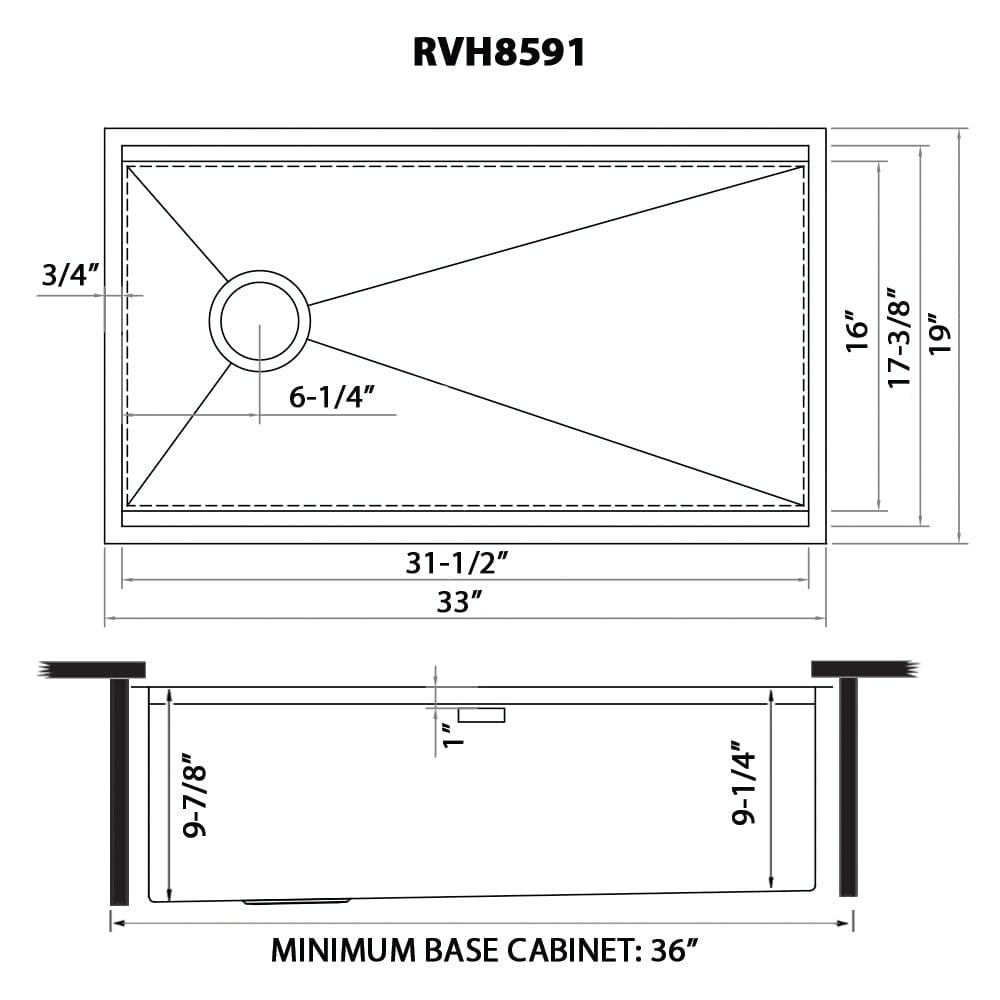 Ruvati Veniso 33" Workstation Slope Bottom Stainless Steel Kitchen Sink RVH8591 dimensions and specifications.