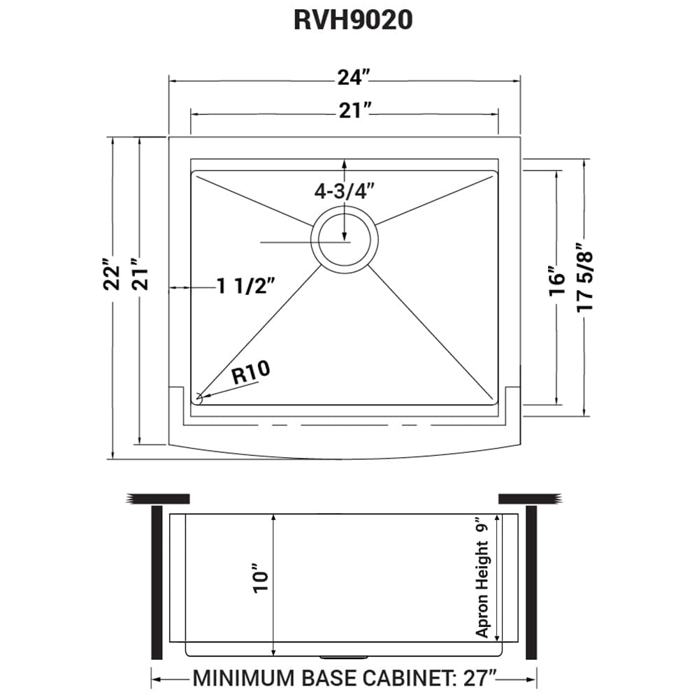 Ruvati Verona 24" Workstation Stainless Steel Kitchen Sink RVH9020 dimensions diagram for installation.