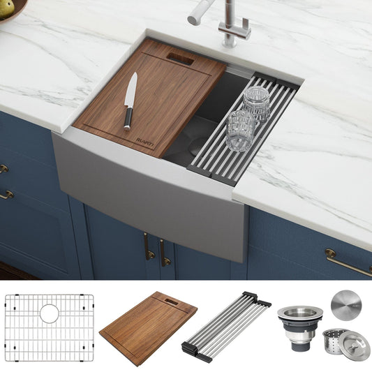 Ruvati Verona 24" Workstation Stainless Steel Kitchen Sink RVH9020 with accessories and cutting board on countertop.