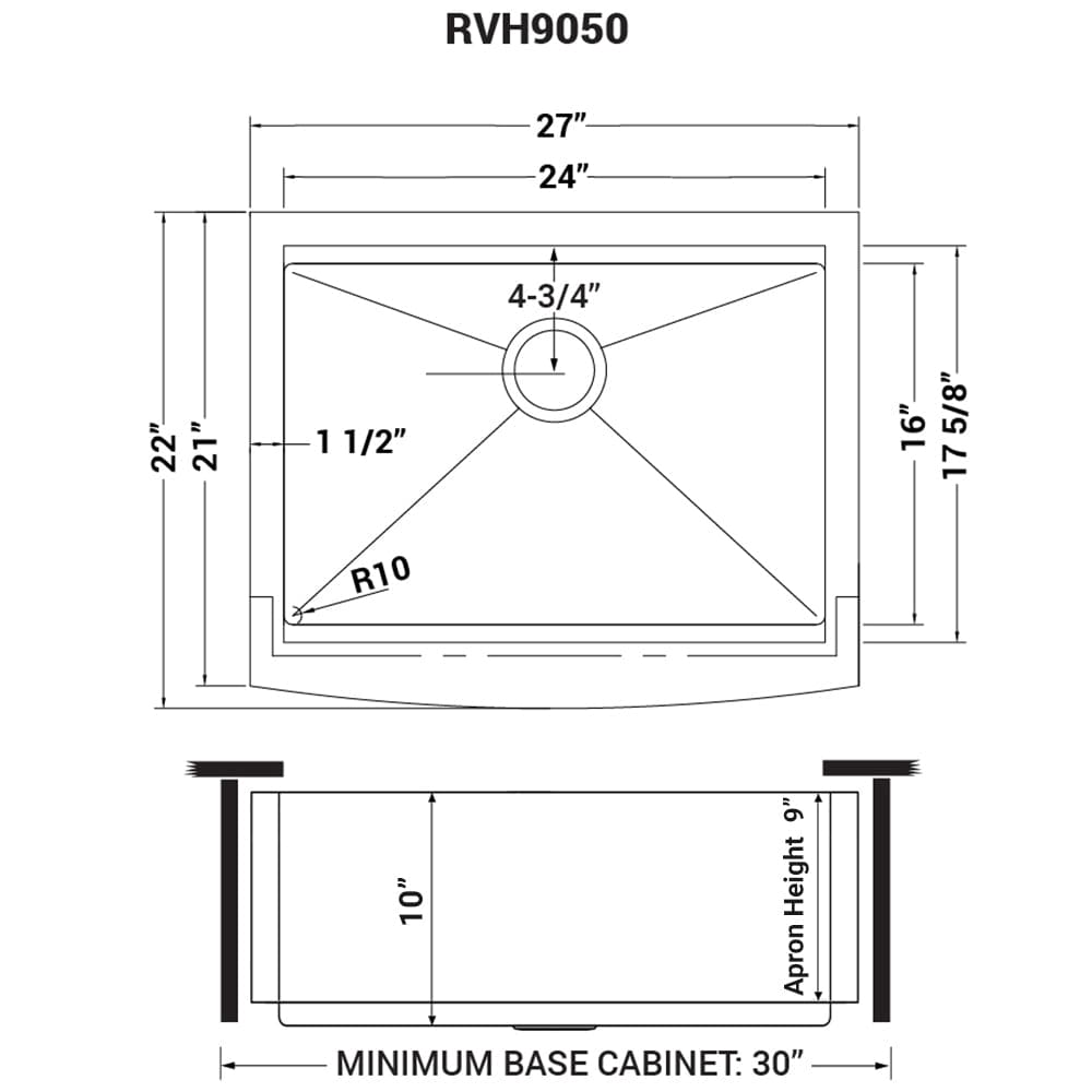 Ruvati Verona 27" Workstation Stainless Steel Kitchen Sink RVH9050 dimensions drawing with measurements and specifications.