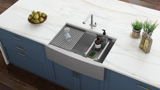Ruvati Verona 30" Workstation Stainless Steel Kitchen Sink RVH9100 on a countertop with modern accessories.