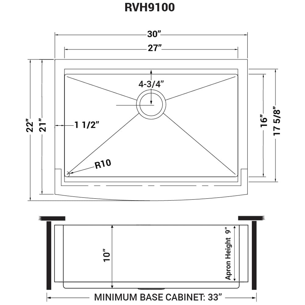 Ruvati Verona 30" Workstation Stainless Steel Kitchen Sink RVH9100 dimensions diagram with measurements.