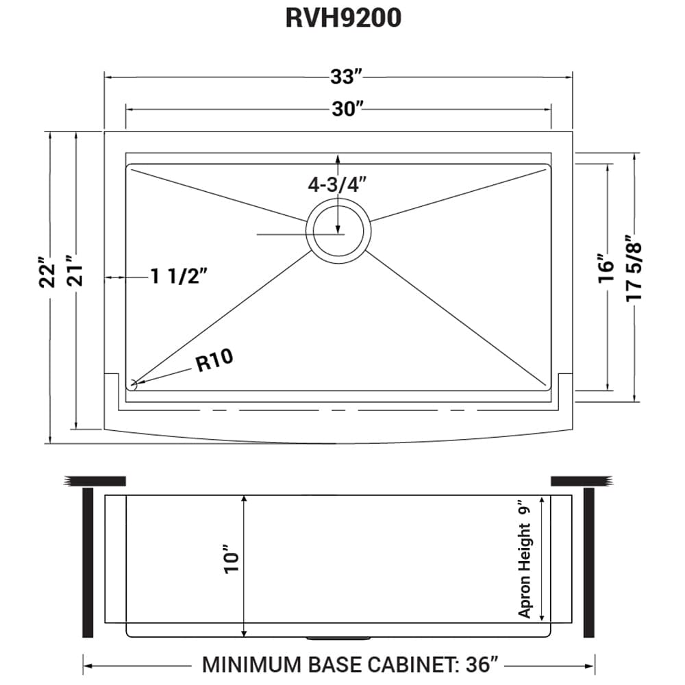 Ruvati Verona 33" Workstation Stainless Steel Kitchen Sink RVH9200 dimensions and specifications diagram.