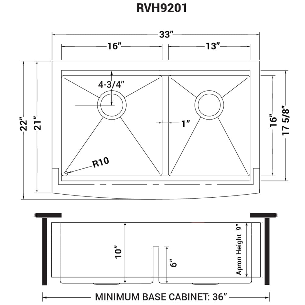 Ruvati Verona 33" Workstation Low-Divide Stainless Steel Kitchen Sink RVH9201 dimensions illustration
