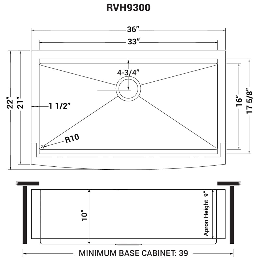 Ruvati Verona 36" Workstation Stainless Steel Kitchen Sink RVH9300 dimensions and specifications diagram