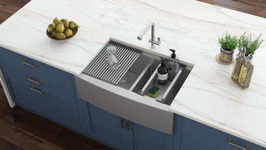 Ruvati Verona 36" Workstation Low-Divide Stainless Steel Kitchen Sink RVH9301 with accessories on kitchen island