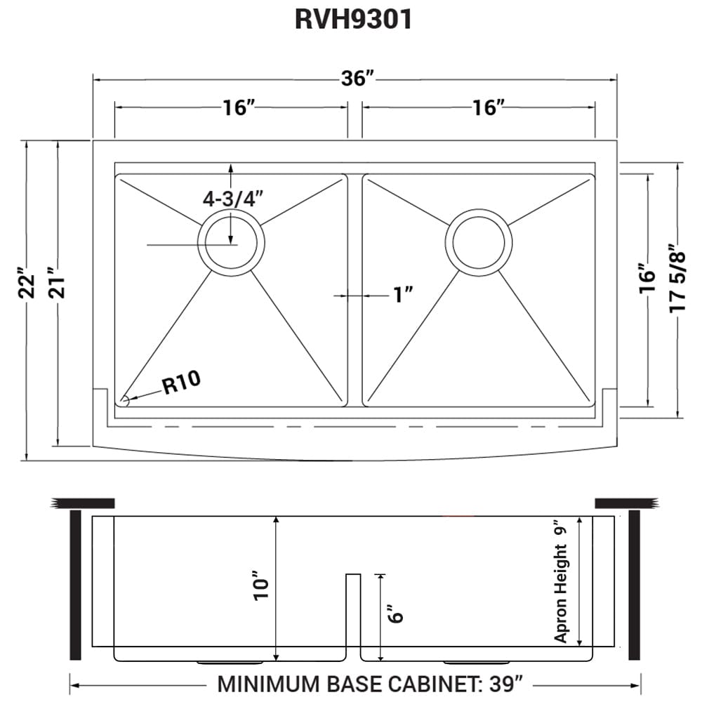 Ruvati Verona 36" Workstation Low-Divide Stainless Steel Kitchen Sink RVH9301 dimensions and specifications diagram.