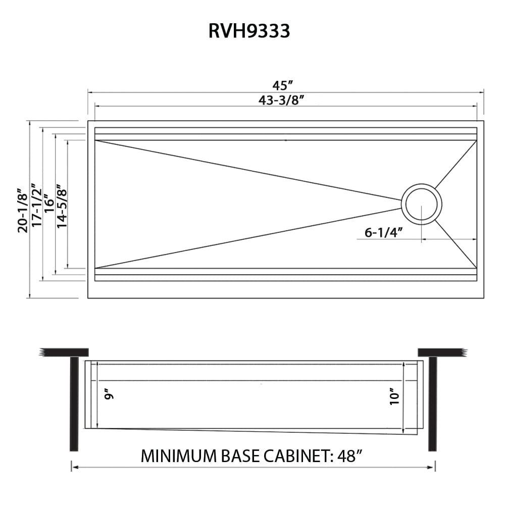 Ruvati 45" Workstation Dual Tiered Stainless Steel RVH9333 dimensions and specifications diagram