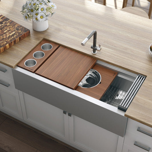 Ruvati 45" Workstation Dual Tiered Stainless Steel RVH9333 with wood cutting board and sink.