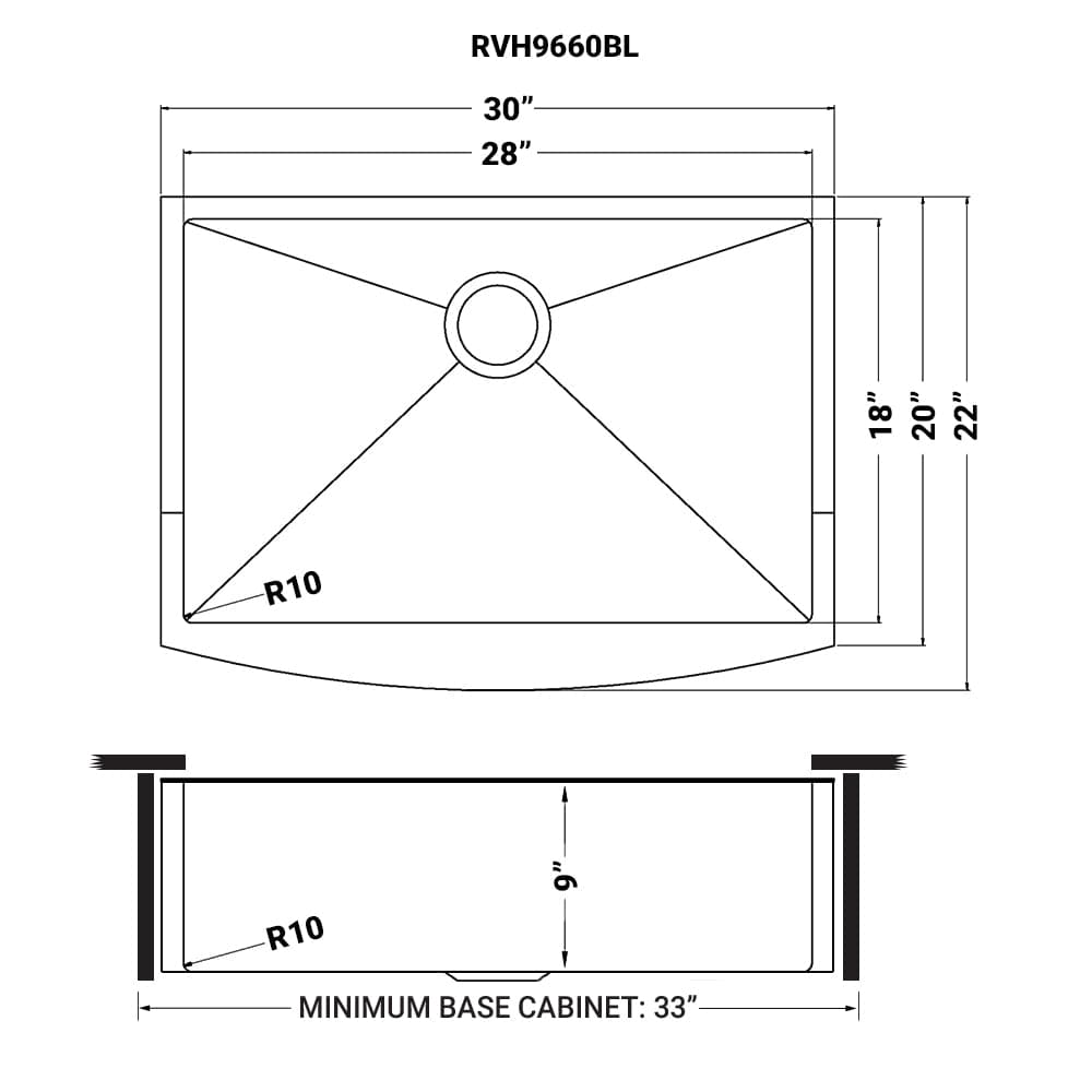 Ruvati Terraza 30" Stainless Steel Kitchen Sink RVH9660BL dimensions and design specifications diagram