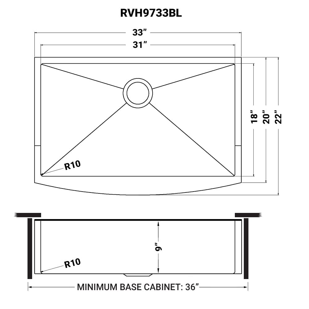 Dimensions and specifications of Ruvati Terraza 33" Stainless Steel Kitchen Sink RVH9733CP, showcasing apron front design.