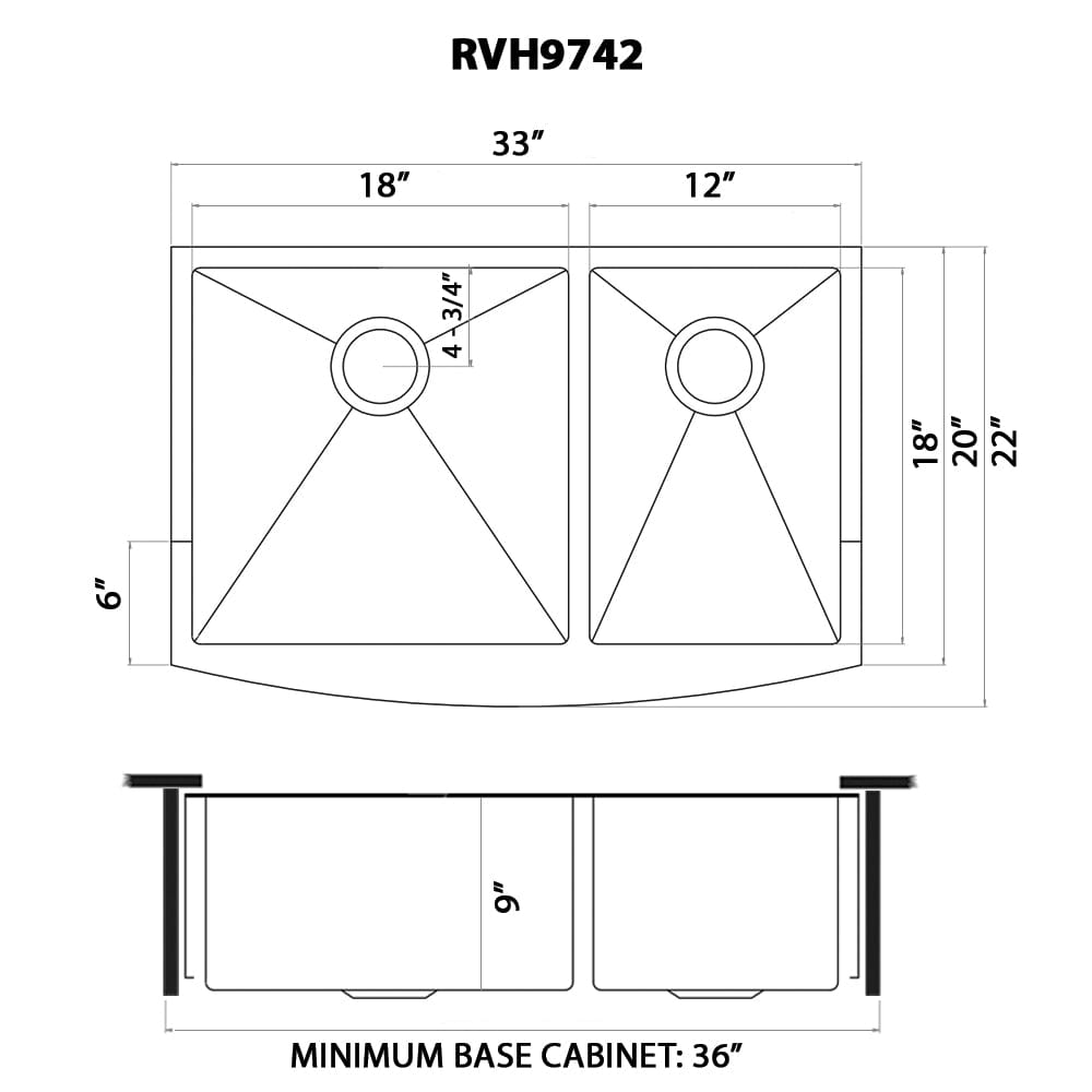 Ruvati Terraza 33" 60/40 Stainless Steel Kitchen Sink RVH9742BL dimensions diagram with bowl sizes and cabinet requirements.