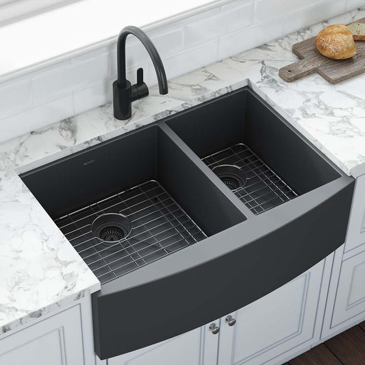 Ruvati Terraza 33" 60/40 Stainless Steel Kitchen Sink RVH9742BL with gunmetal finish and dual bowl design.