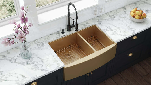 Ruvati Terraza 33" 60/40 Stainless Steel Kitchen Sink RVH9742GG with brass tone finish and dual bowl configuration.