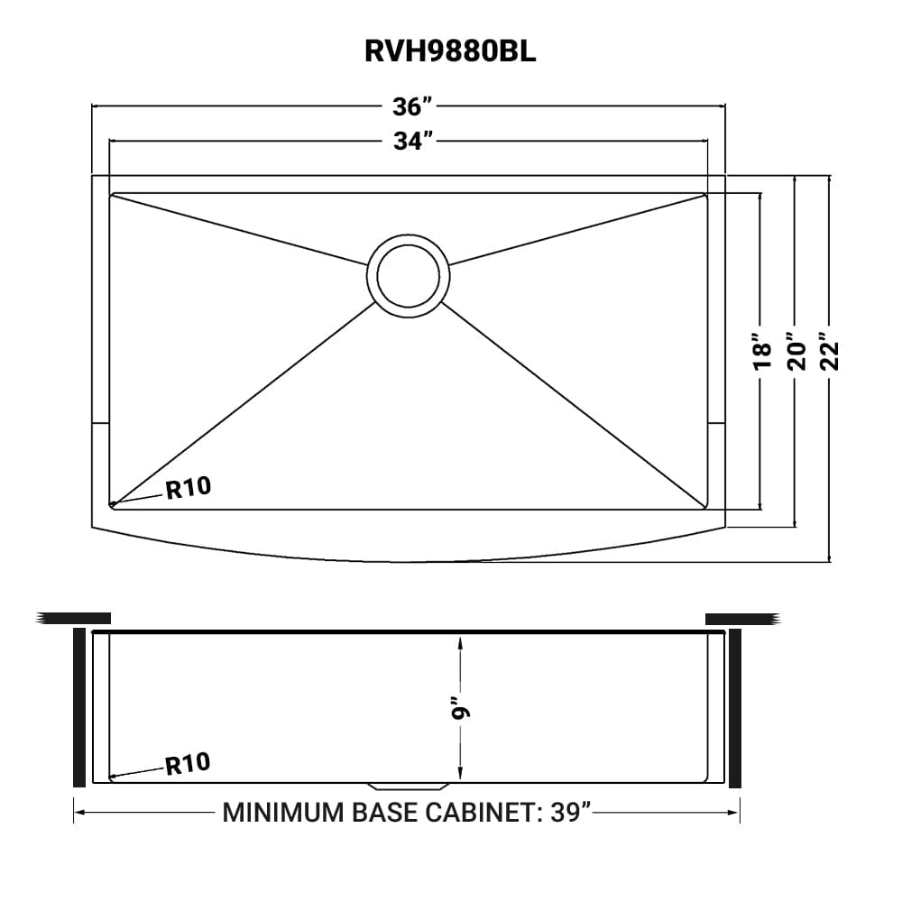 Ruvati Terraza 36" Stainless Steel Kitchen Sink RVH9880BL dimensions and specifications diagram