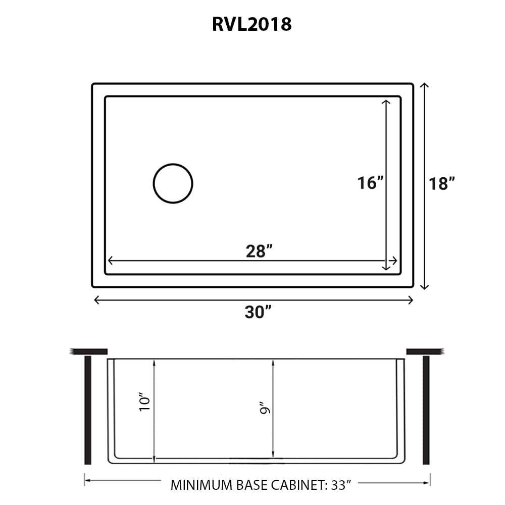 Ruvati Fiamma 30" Fireclay Kitchen Sink RVL2018WR dimensions and specifications for installation.