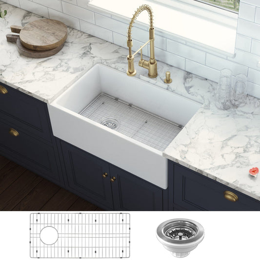 Ruvati Fiamma 30" Fireclay Kitchen Sink RVL2018WL in kitchen with elegant faucet and accessories