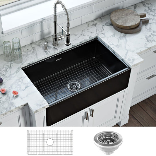 Ruvati Fiamma 30" Fireclay Reversible Single Bowl Kitchen Sink RVL2100BK with grid and drain in modern kitchen.