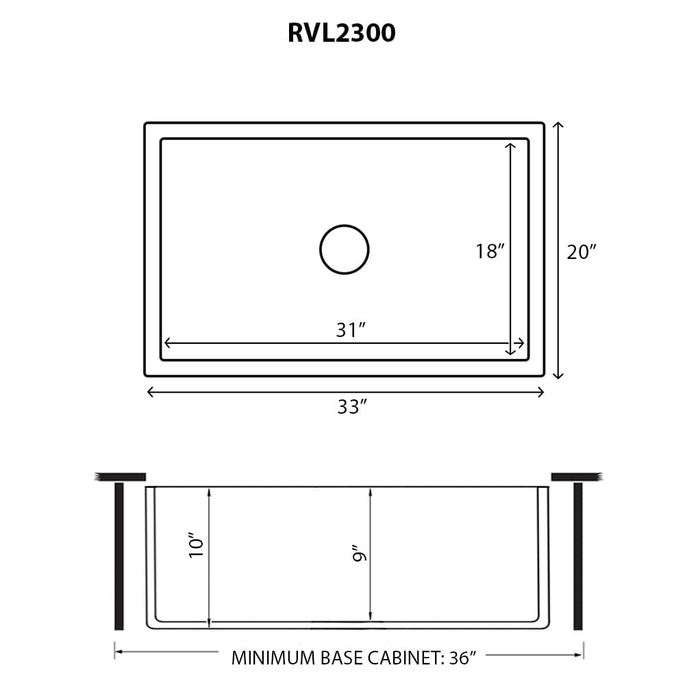 Ruvati Fiamma 33" Fireclay Kitchen Sink RVL2300WH dimensions diagram with measurements for installation.